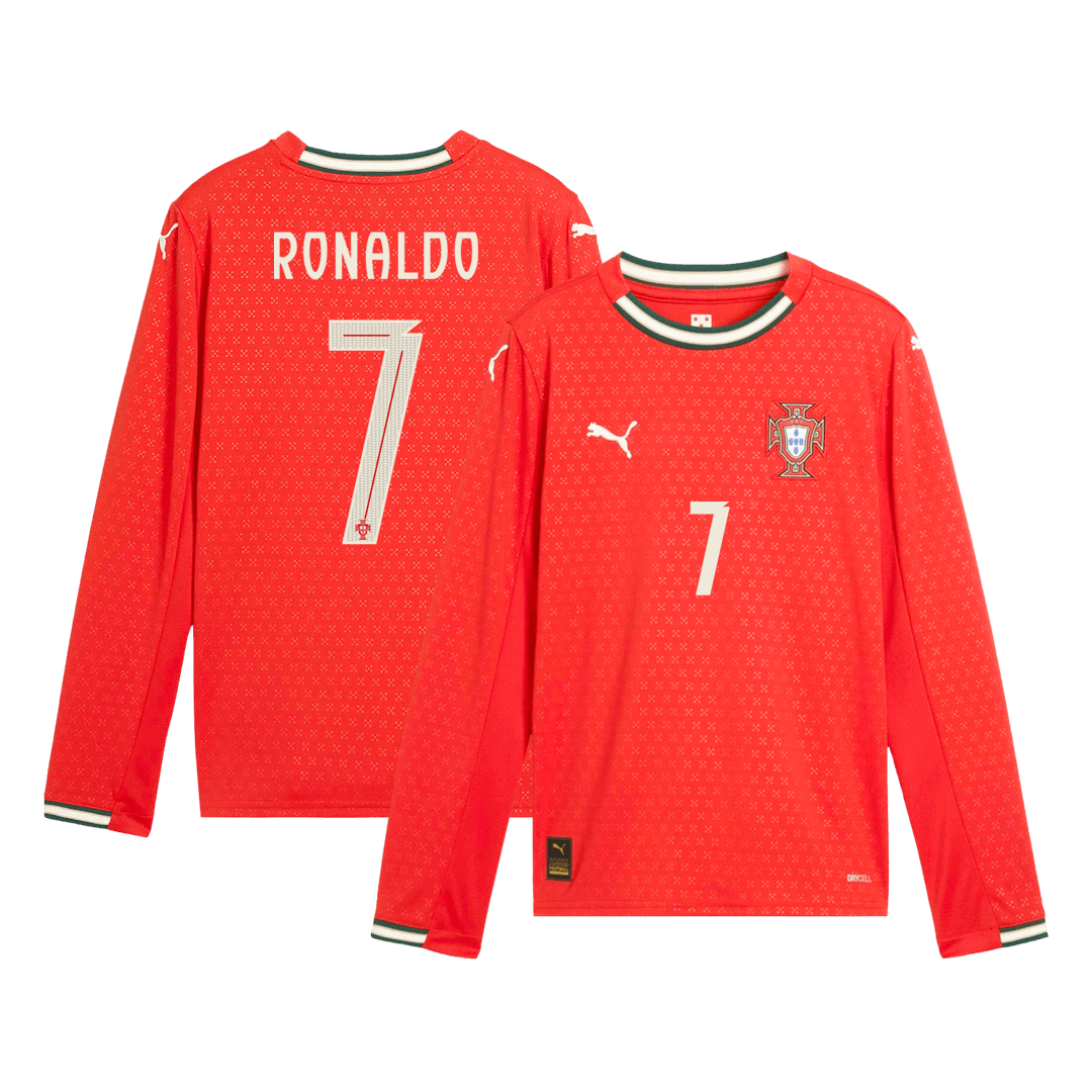 RONALDO #7 Portugal Otthon Hosszú Ujjú Mez 2025-Piros