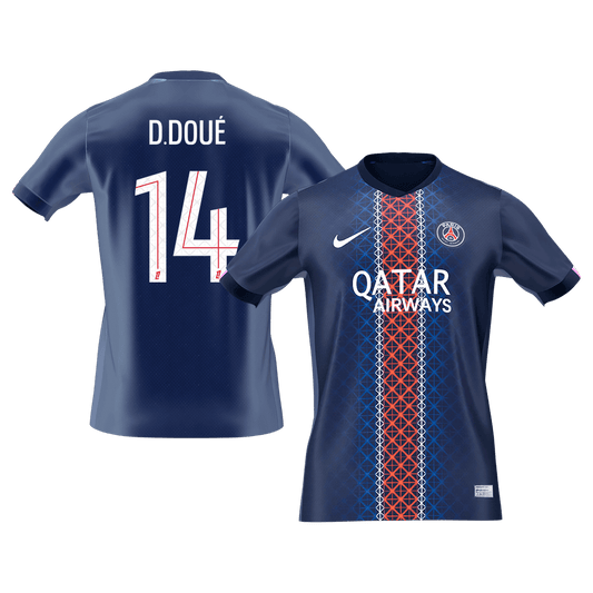 【Szuper Jó Minőségű】D.DOUÉ #14 PSG Otthon Soccer Mez 2025/26 Haditengerészet